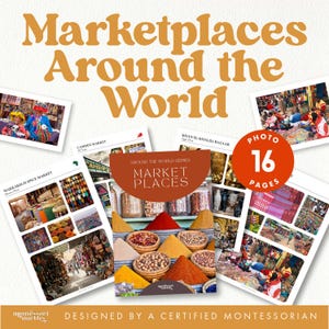Puede incluir: Portada del libro "Marketplaces Around the World" con texto naranja. La portada presenta imágenes de varios mercados, incluidos Camden Market y Marrakech Spice Market. El libro tiene 16 páginas y está diseñado por un Montessoriano certificado.