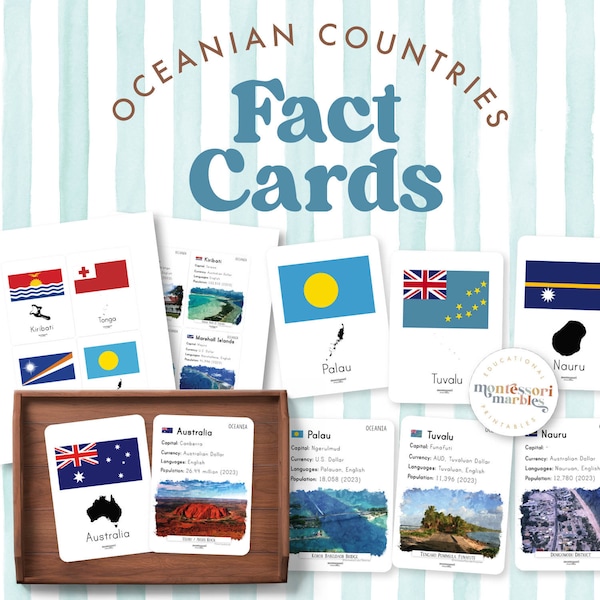 OCEANIA Fact Cards with Watercolor Painting | Montessori Inspired Printable | 14 Oceanian Countries | Montessori Flash Cards