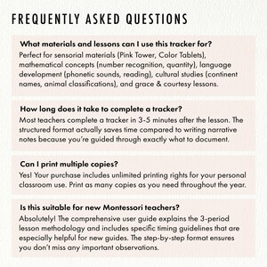 May include: A cream-colored document with the title "FREQUENTLY ASKED QUESTIONS" in a bold, dark font. The document lists questions and answers about a tracker for educational use, including materials, time to complete, printing rights, and suitability for new teachers.