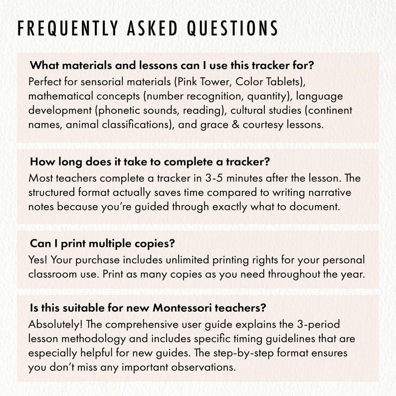 May include: A cream-colored document with the title "FREQUENTLY ASKED QUESTIONS" in a bold, dark font. The document lists questions and answers about a tracker for educational use, including materials, time to complete, printing rights, and suitability for new teachers.