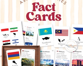 ASIA Fact Cards with Watercolor Painting of Landmarks | Montessori Inspired Printable | 49 Asian Countries | Montessori Flash Cards