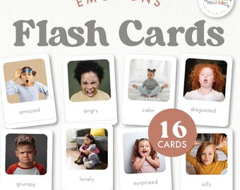 Pode incluir: Um conjunto de 16 flashcards com crianças expressando diferentes emoções. As emoções incluem espanto, raiva, calma, nojo, rabugento, solidão, surpresa e bobo. Os cartões são projetados para ajudar as crianças a aprender e identificar diferentes emoções.