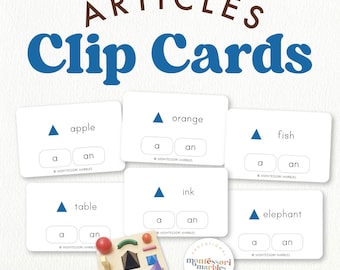Grammar Articles Clip Cards | Montessori Language | A and An Preschool Kindergarten Literacy | Printable PDF