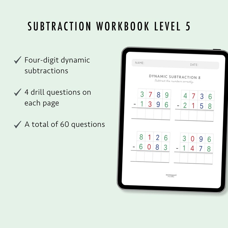 Subtraction Worksheets Grade 4-6 | Math Drills Ages 9-12 | Advanced Four-Digit Mastery PDF | Montessori Printable image 4