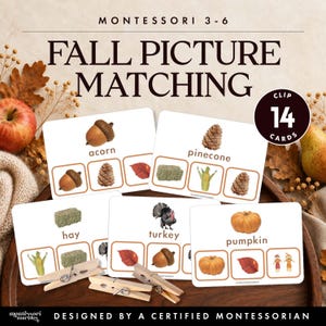 May include: A set of 14 Montessori fall picture matching cards featuring images of an acorn, pinecone, hay, turkey, and pumpkin with corresponding labels. The cards are white with brown borders and include wooden clips for educational activities.