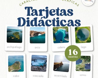 Può includere: Un set di 16 flashcard colorate con immagini di diverse caratteristiche geografiche, come un arcipelago, un arco, una caletta, un lago, un capo, una cascata, una scogliera e un istmo. Le carte sono etichettate in spagnolo con i termini corrispondenti.