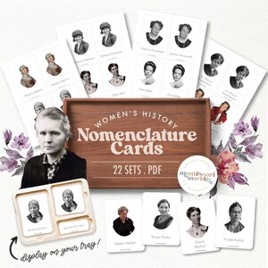 Tarjetas de nomenclatura del MES DE LA HISTORIA DE LA MUJER / Mujeres famosas en la historia / Tarjetas de nomenclatura Montessori de 3 partes