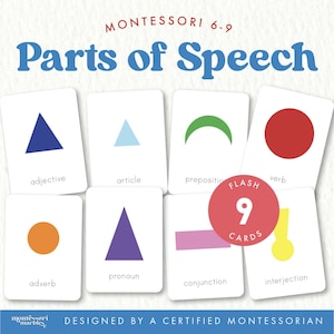May include: Flash cards for learning parts of speech. The cards are white with colorful shapes and words like adjective, verb, and pronoun. The set includes 9 cards and is designed by a certified Montessori educator.