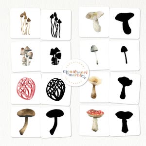 May include: A set of 10 printable Montessori matching cards featuring various mushroom illustrations. The cards include both colored and black and white images of mushrooms with different shapes and sizes.