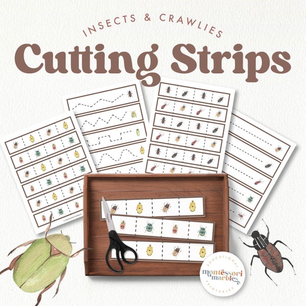 BUGS Cutting Strips for Montessori Toddler & PreK, Fun Spring Activity, Using scissors, Homeschool Printable, Learning Materials, Crawlies