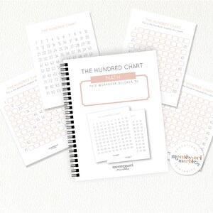 May include: A printable workbook for learning math with a hundred chart. The cover features the title "The Hundred Chart Math" with a pink and white color scheme. The workbook is designed for children to practice counting and number recognition.
