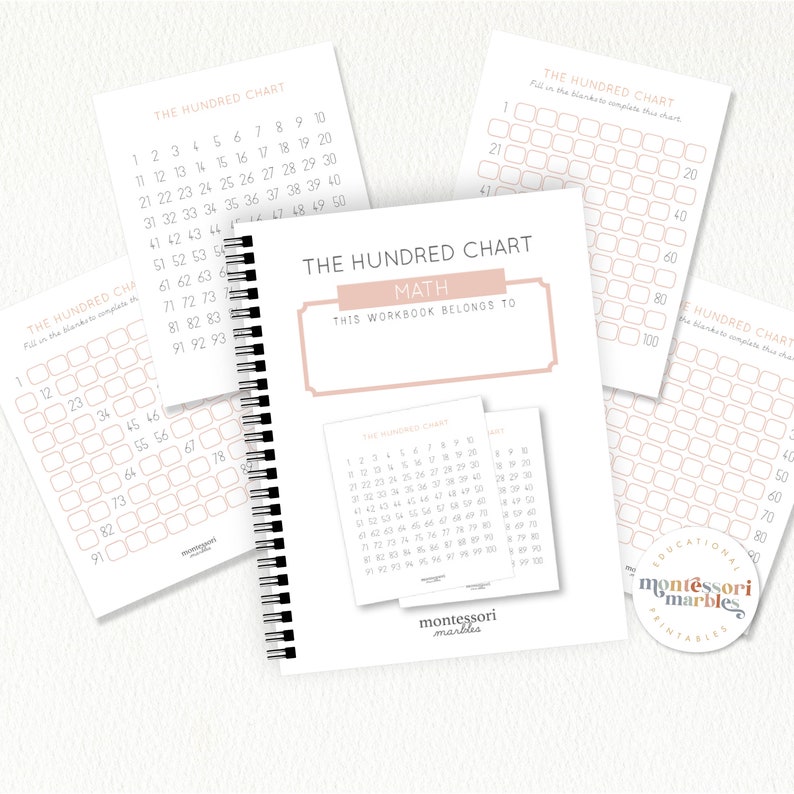 May include: A printable workbook for learning math with a hundred chart. The cover features the title "The Hundred Chart Math" with a pink and white color scheme. The workbook is designed for children to practice counting and number recognition.