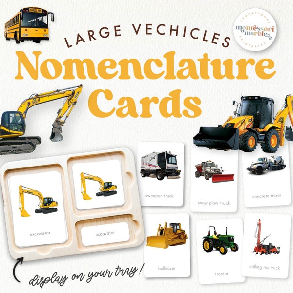 GROSSE FAHRZEUGE Lastwagen und Baumaschinen Montessori Nomenklaturkarten | Große LKW | Montessori inspirierte Vokabelkarten für Alter 3 bis 6