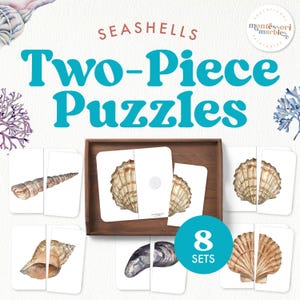 May include: Eight sets of two-piece seashell puzzles. Each puzzle features a different type of seashell, with one half of the shell on each card. The cards are white with a brown wooden frame around them. The text "Seashells Two-Piece Puzzles" is at the top of the image, and the text "8 Sets" is in a blue circle at the bottom of the image.