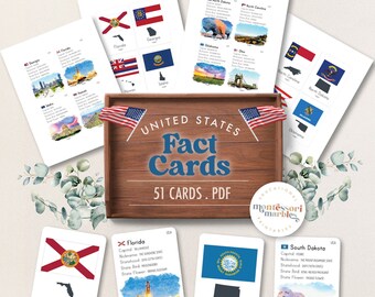 UNITED STATES Fact Cards | Montessori Inspired Printable | Learn Name of USA States and Capitals | Elementary Flash Cards