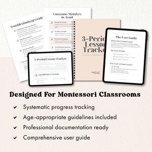 May include: A collection of Montessori classroom resources, including a lesson tracker, user guide, and troubleshooting guide. The materials are designed for systematic progress tracking and professional documentation. The text reads "Designed For Montessori Classrooms".