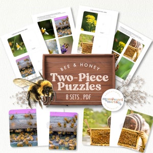 May include: Bee and Honey Two-Piece Puzzles, a set of 8 printable Montessori puzzles featuring images of bees, honeycombs, and beekeepers.  Educational and fun for kids.