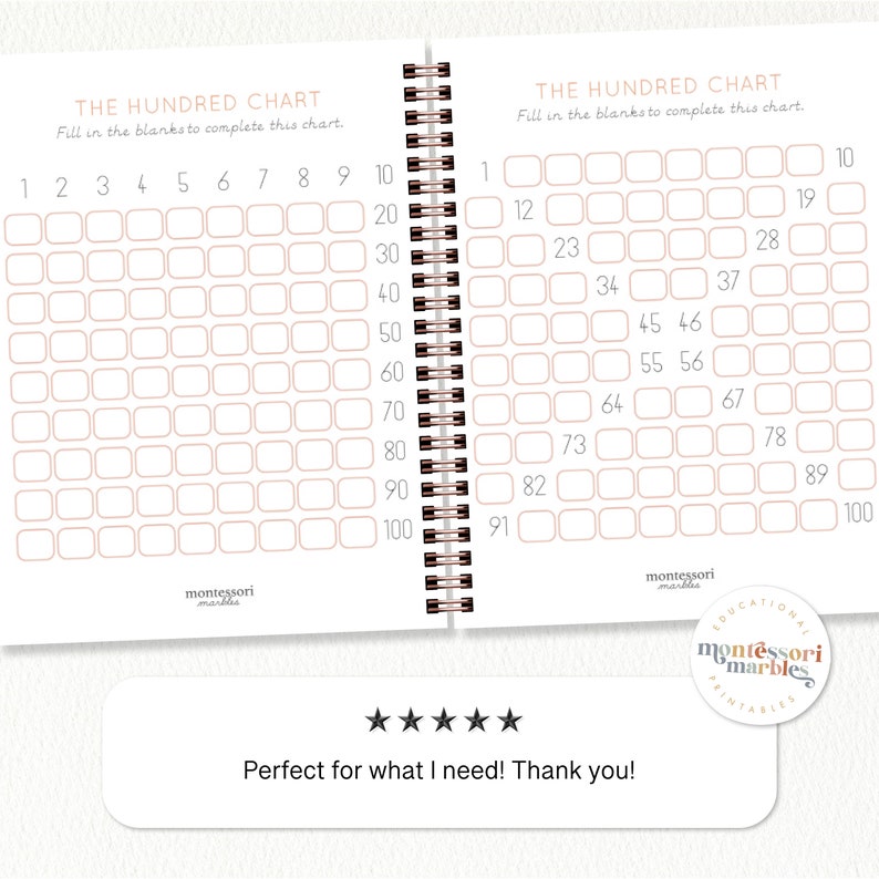 May include: A printable hundred chart with two pages, each with a grid of 100 squares. The squares are numbered 1 to 100. The chart is designed for children to learn about numbers and counting.