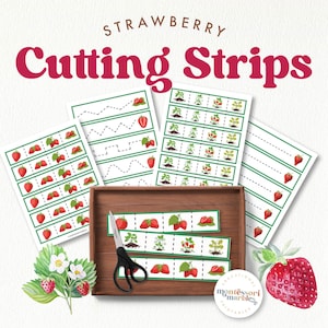 STRAWBERRY Cutting Strips | Preschool Fine Motor Skills | Life Cycle of Strawberry Activity | Montessori Inspired Printable for Preschool