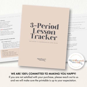 May include: A beige 3-Period Lesson Tracker with the text "3-Period Lesson Tracker" and "Including a Comprehensive User Guide". The Montessori Marbles logo is visible. A round sticker with the text "Educational Printables" is also visible.