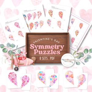 May include: Valentine's Day Symmetry Puzzles, a printable set of 8 heart-shaped puzzles with watercolor designs. Each puzzle is divided into two halves, with one half showing a symmetrical pattern of hearts, dots, and swirls. The puzzles are designed for children to learn about symmetry and pattern recognition.