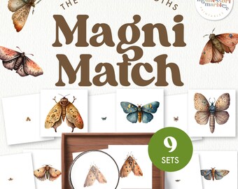 May include: A set of 9 printable Montessori matching cards featuring colourful illustrations of moths. The cards are labelled "The World of Moths Magni Match" and "9 Sets".