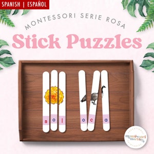 Rompecabezas con palitos de madera MONTESSORI SERIE ROSA / 30 palabras de 3 letras para alfabetización temprana / Actividades de prelectura para jardín de infantes / Serie rosa