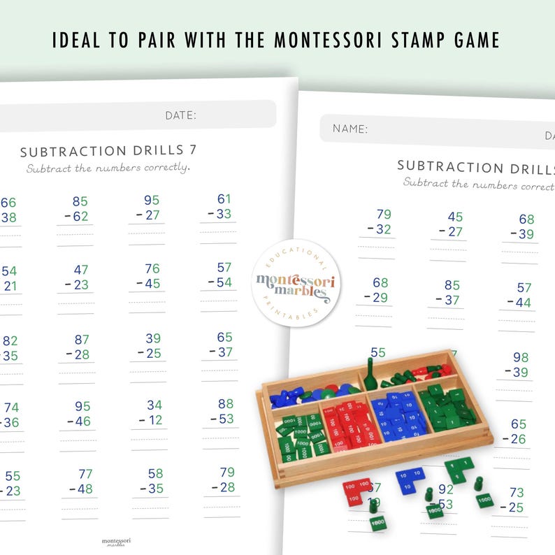 Subtraction Worksheets Grade 1-2 | Math Drills Ages 6-8 | Two Digit Regrouping Practice PDF | Montessori Printable image 5