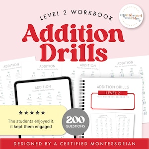 Ejercicios de suma, nivel 2. Libro de ejercicios. Práctica de matemáticas imprimible en PDF. Edades 5-7. Educación primaria en casa Montessori.