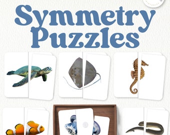 May include: Ocean animal symmetry puzzles for kids.  The puzzles feature a sea turtle, stingray, seahorse, clownfish, jellyfish, and moray eel.  Each puzzle is split in half, with one half showing the left side of the animal and the other half showing the right side.