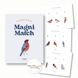 May include: A printable Montessori matching game featuring winter birds. The game includes a title card with the words "Winter Birds Magni Match" and three cards with images of different winter birds. The cards are designed to be printed and cut out for use in a Montessori classroom or at home.