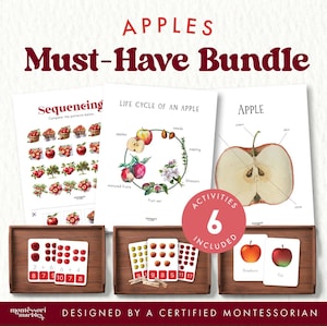 May include: Educational apple-themed bundle with the text "APPLES Must-Have Bundle." Includes sequencing, life cycle, and apple diagram worksheets. Features apple-themed flashcards and counting activities. Designed by a certified Montessori educator.