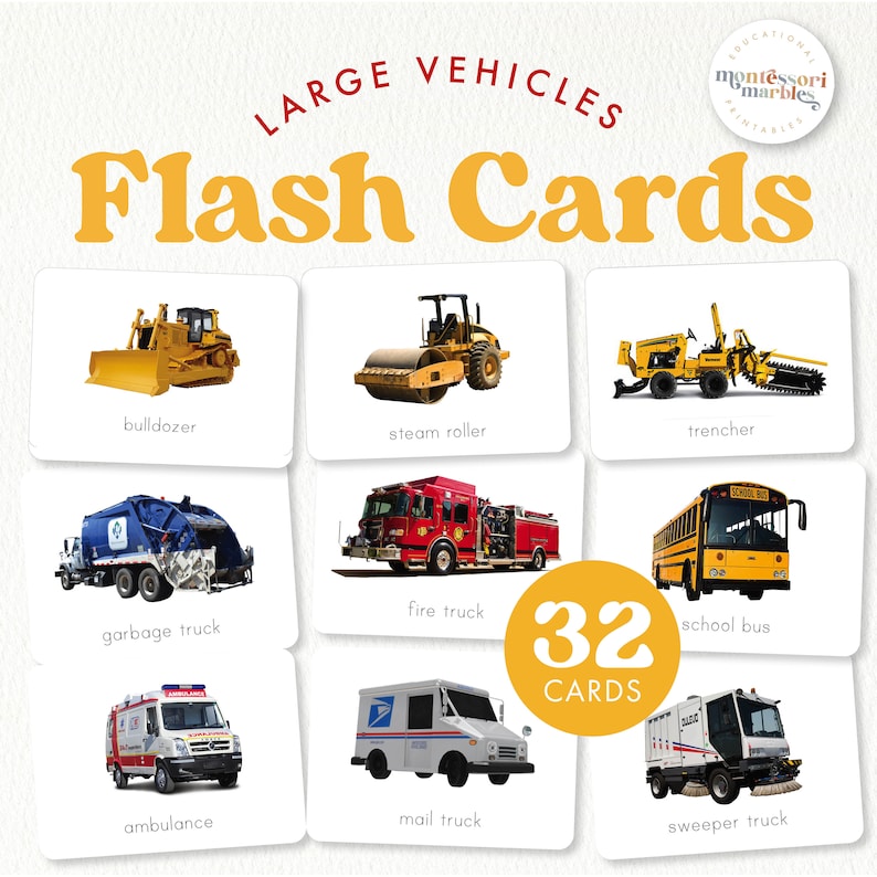 Large Vehicles Flash Cards | Construction & Public Service Trucks ...