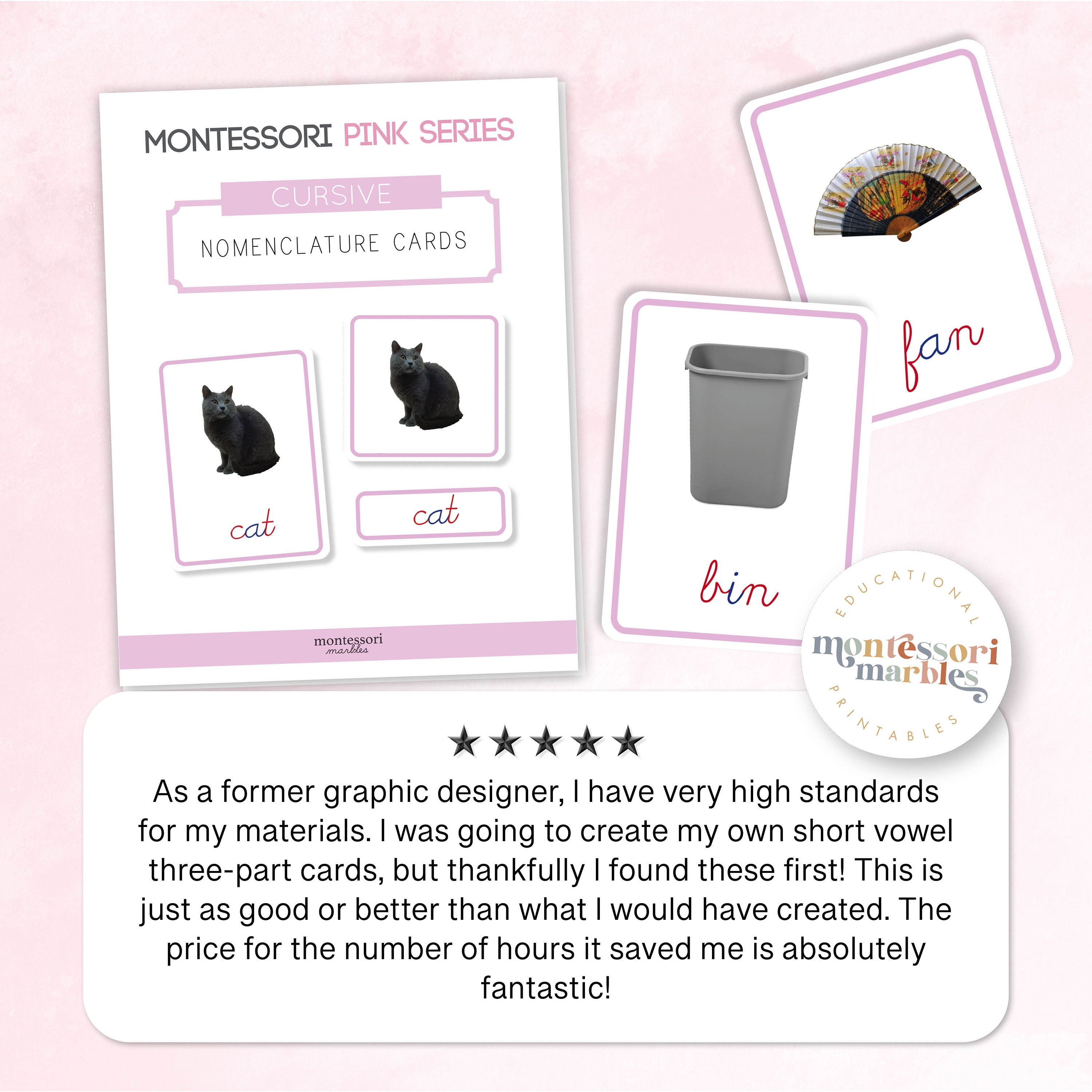 Cursive Pink Series 3-part Cards | Montessori CVC Word Reading | Short ...