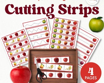 Apples Cutting Strips Ages 2-5 | Scissors Practice Activities 4 Pages | Fine Motor Skills Development