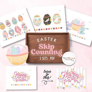 May include: Five printable Easter-themed skip counting worksheets. Each worksheet features colourful eggs with different patterns and numbers. The worksheets are designed for children to practise skip counting.