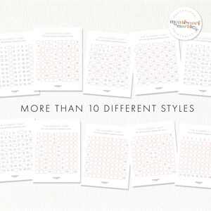 May include: Ten printable hundred charts in different styles. Each chart has a grid of 100 squares with numbers 1 to 100. The charts are designed for educational purposes, particularly for Montessori learning.