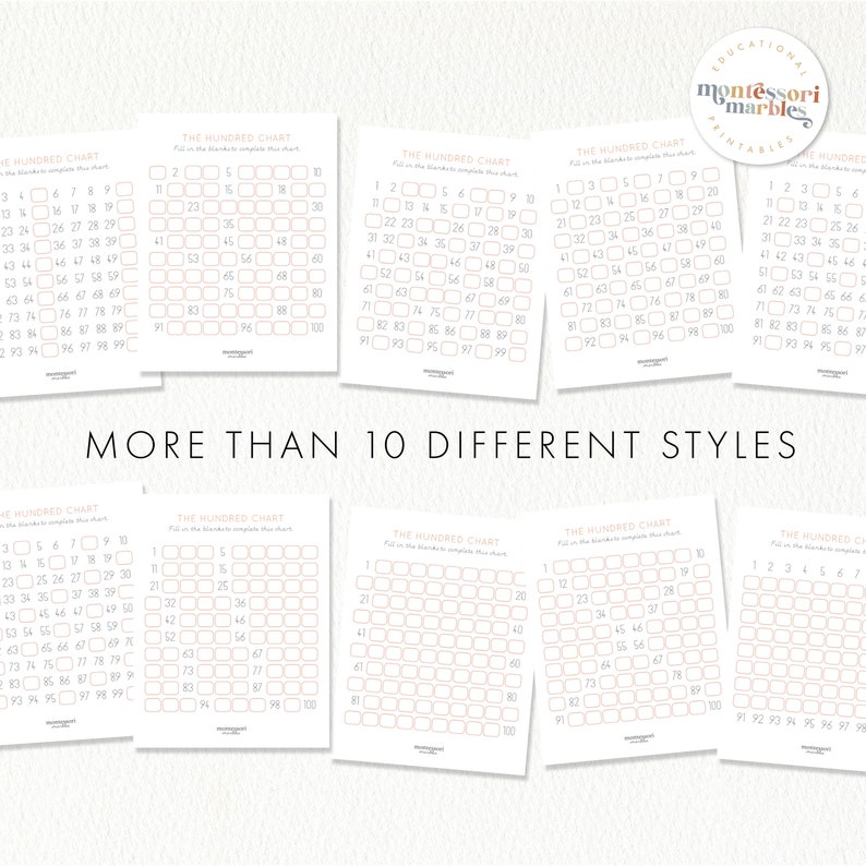 May include: Ten printable hundred charts in different styles. Each chart has a grid of 100 squares with numbers 1 to 100. The charts are designed for educational purposes, particularly for Montessori learning.