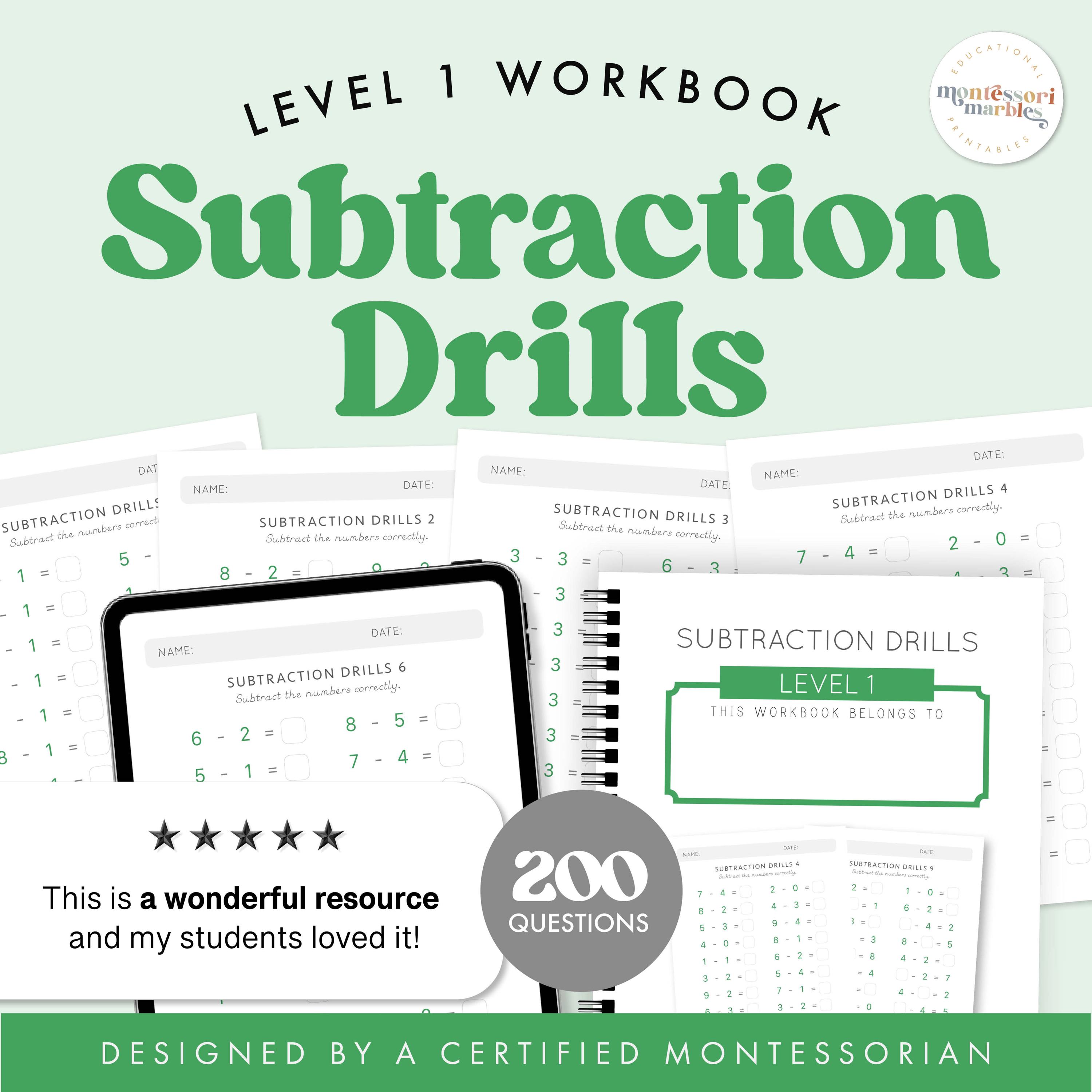 Stufe 1 Kindergarten Montessori Mathematik, Subturionsübungen Stufe 1, Einstellige Substrahktion, Statische Substrahktion, Frühe Mathematik, Mathezentren