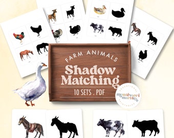 May include: A set of printable farm animal shadow matching cards. The cards feature black and white silhouettes of farm animals, such as a cow, pig, goat, duck, and horse. The cards are designed for educational purposes and are perfect for preschoolers and kindergarteners.