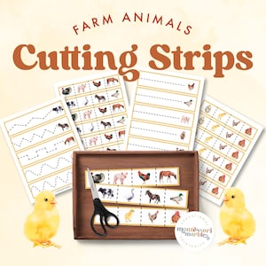 Puede incluir: Actividad de tiras de corte de animales de granja imprimibles para niños. El conjunto incluye imágenes de un cerdo, un caballo, un gallo, un pato, una vaca, un pollito y un ganso. Las tiras están diseñadas para ser cortadas y utilizadas para diversas actividades educativas.