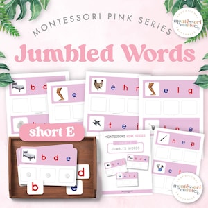 Montessori Pink Series Jumbled Word Cards for Short E, Activity for PreK Preschool Kindergarten Toddler, Homeschool Printable