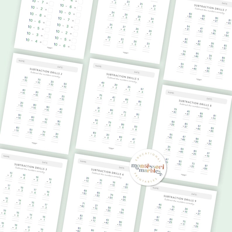 Subtraction Worksheets Grade 1-2 | Math Drills Ages 6-8 | Two Digit Regrouping Practice PDF | Montessori Printable image 7