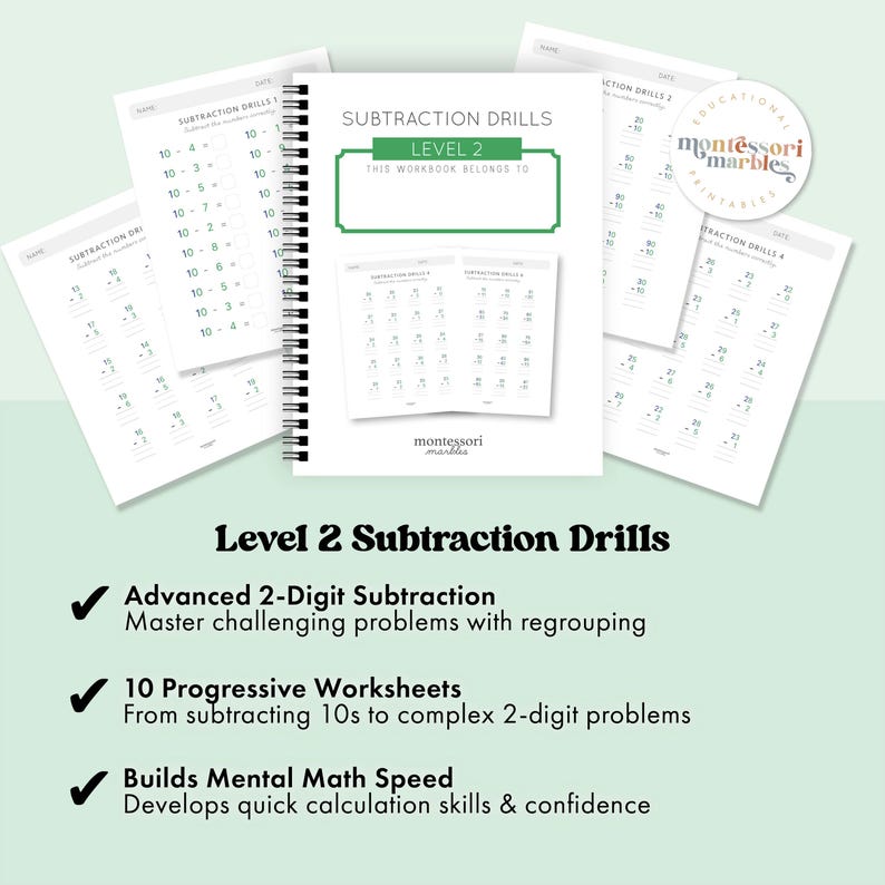 Subtraction Worksheets Grade 1-2 | Math Drills Ages 6-8 | Two Digit Regrouping Practice PDF | Montessori Printable image 2