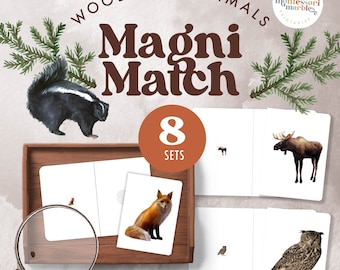 May include: Woodland Animals Magni Match, a set of 8 matching cards featuring various woodland animals, including a fox, owl, moose, and skunk. The cards are displayed in a wooden tray with a magnifying glass.