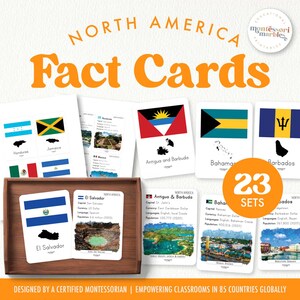 NOORD-AMERIKA Informatiekaarten met aquarel | Montessori geïnspireerde afdrukbare | 23 Noord-Amerikaanse landen | Montessori-flitskaarten