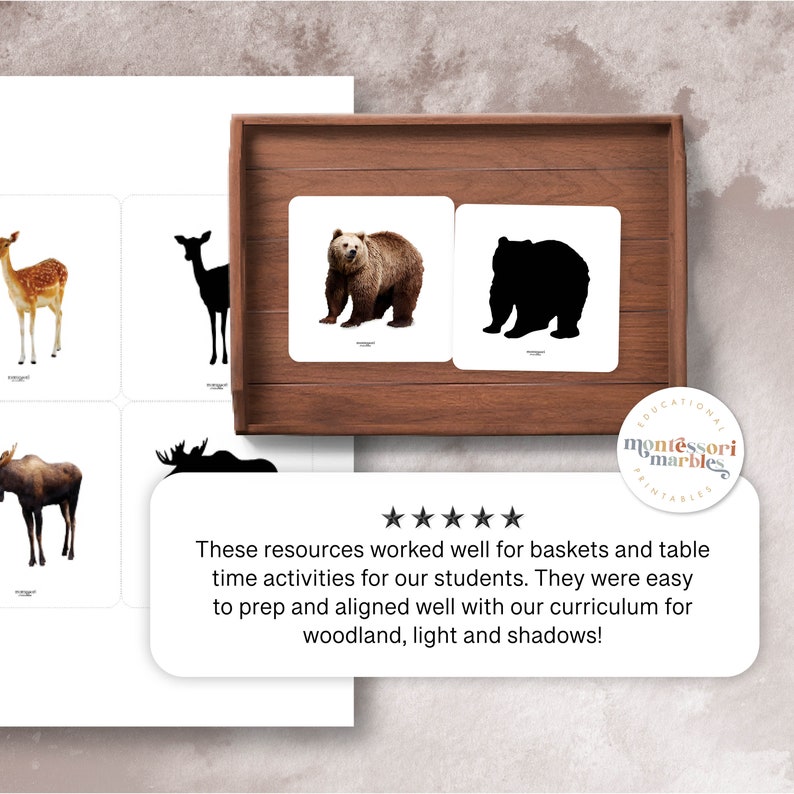 May include: A set of printable Montessori cards featuring woodland animals. The cards show a color image of an animal on one side and a black silhouette of the same animal on the other side. The animals include a deer, a bear, a moose, and a fox.