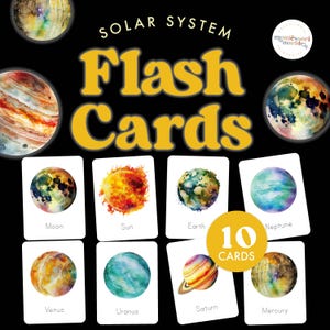Flitskaarten zonnestelsel | 10 flitskaarten | Op Montessori geïnspireerde bronnen | Zon en maan | Thema van de ruimte