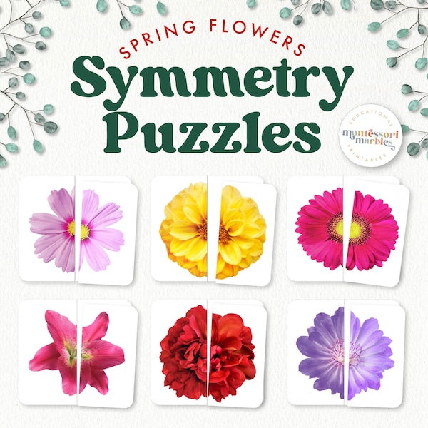 FLOWERS Symmetry Matching Puzzle | Montessori Inspired Visual Skill Activity for Toddler | Spring Printable for Preschool