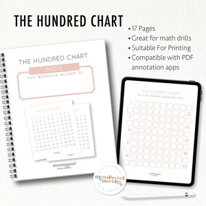 May include: A printable workbook for learning math with a hundred chart. The workbook has 17 pages and is compatible with PDF annotation apps. The cover of the workbook is pink and white with the title "The Hundred Chart Math" and the text "This Workbook Belongs To".